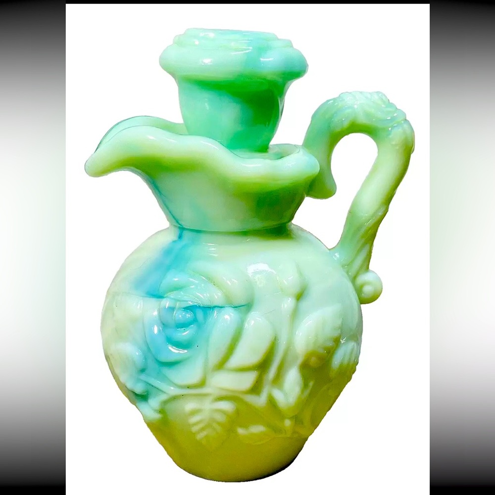 Avon Victorian Bath/Oil Pitcher Beauty Vintage Blue/Green Milk Glass Rose Rare